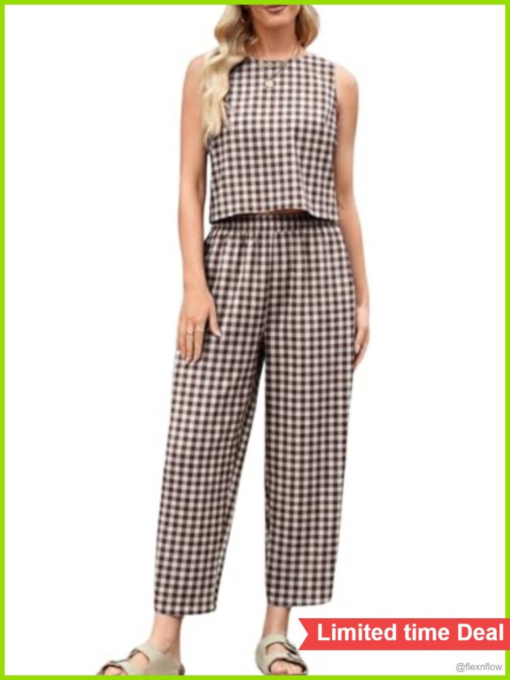 Cotton Gingham 2 Piece Tank Top & Wide Leg Pants Set Sleeveless
